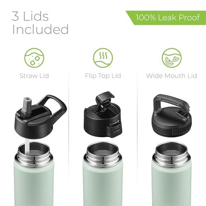 SipX™ 18 oz Insulated Water Bottle with 3 Lids – Leakproof Stainless Steel, Triple Insulated – Cold 24 Hours/Hot 12 Hours – Durable Bottle for School, Gym, Travel – Green - color: Green, size: 18 Ounces