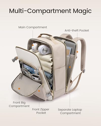 LOVEVOOK 50L Travel Backpack for Women & Men, Airline Approved Carry On Luggage with 3 Packing Cubes, TSA Overnight Bags, Waterproof Personal Item Bag, Weekender Essentials Backpacks fits 17" Laptop - color: Beige Yellow-beige-brown, size: X-Large