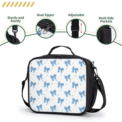 Bow Lunch Box for Girls Blue Bowknot Kids Insulated Lunch Bag Cute Bow Tie Toddler Cooler Lunchbox Reusable Lunch Pail School Thermal Meal Tote Kit with Shoulder Strap - color: Bow Blue