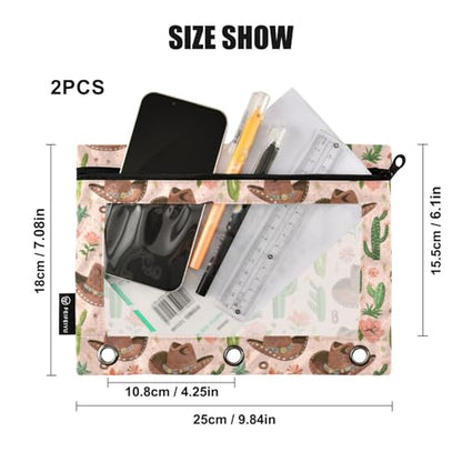 Binder Pencil Pouches Cowboy Hat and Cactus Pen Case | Clear Window 3 Rings, Cosmetic Bags School Office Supplies Cosmetic Makeup Bag 2 Psc - color: Cowboy Hat and Cactus