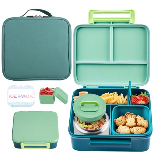 Bento Lunch Box for Kids with Thermo, Leakproof Bento Box with 8oz Insulated Food Jar, Lunch Bag, BPA Free Dishwasher Safe 4 Compartment Container for School Girls Boys (Green) - color: Green1