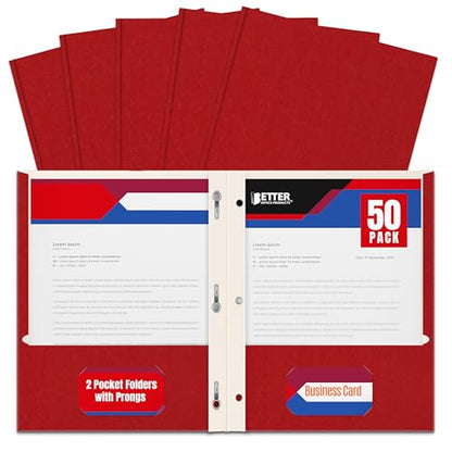 Better Office Products Plastic Folders, 50 Pack Red Paper Folders with Pockets & Folders with Prongs, Matte Texture, Letter Size, 3 Metal Prong Fastener Clips, Durable for Office, School, Filing - color: Red