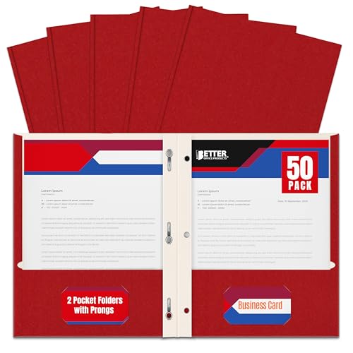 Better Office Products Plastic Folders, 50 Pack Red Paper Folders with Pockets & Folders with Prongs, Matte Texture, Letter Size, 3 Metal Prong Fastener Clips, Durable for Office, School, Filing - color: Red