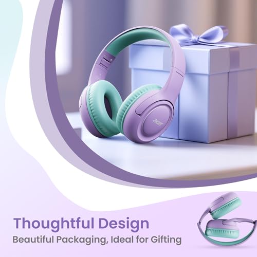 Acer USB-C Kids Headphones - 85/94dB Safe Volume Limited, Foldable Wired Over Ear Headphones for Travel, Toddler Headphones for School, Travel, iPad, Tablet, Purple Green, HK03C - color: USB-C Green-Purple