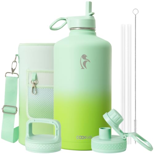 Coolflask 128 oz Gallon Water Bottle Insulated with Straw&3 Lids, Water Jug Large Stainless Steel Metal Vacuum Wide Mouth for Sports, Gym or Office, Non-BPA Keep Cold 48H Hot 24H, Ombre Green - color: Ombre Green, size: 128 Ounces
