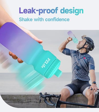 BPA Free Bike Water Bottle 24oz, Leakproof & Reusable Cycling Squeeze Bottle with Pull-Top Lid & Capacity Scale, for Bicycle, Mountain Bike, Gym, Running, School, Hiking - color: Green pink