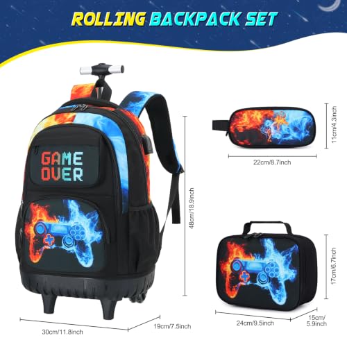 Scothen 3PCS Rolling Backpack for Boys, Cool Gamer Roller Backpack with Wheels, Kids Boy Wheeled Backpacks with Lunch Bag Pencil Case for Teens Bookbag Kindergarten Elementary Middle School - color: Red Blue Flame
