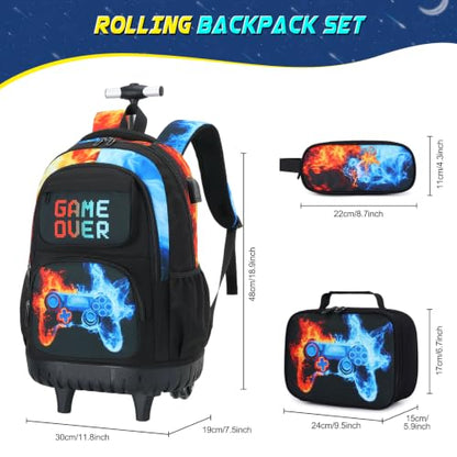 Scothen 3PCS Rolling Backpack for Boys, Cool Gamer Roller Backpack with Wheels, Kids Boy Wheeled Backpacks with Lunch Bag Pencil Case for Teens Bookbag Kindergarten Elementary Middle School - color: Red Blue Flame