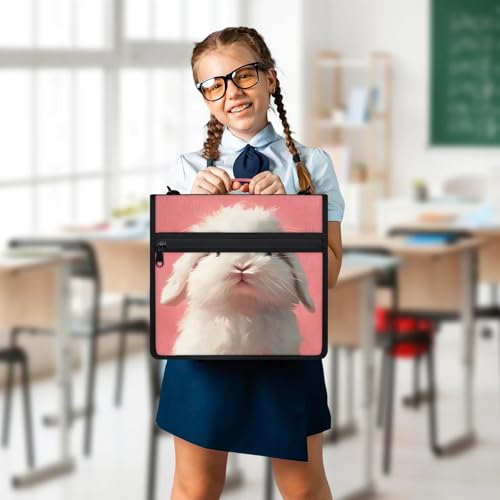Rabbit Pink Zipper Binder, 3 D-Ring Expanding File Folder with Handle & Adjustable Shoulder Strap, 400 Sheets Capacity Multi-Pocket Organizer for 13 Inch Laptop - color: Rabbit Pink