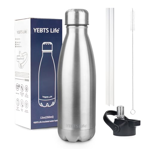 Insulated Water Bottle,12oz Stainless Steel Water Bottles with straw lid,Metal Sports Water Bottles for Boys,Girls,Double Wall Vacuum BPA-Free Flask for School, Sports & Travel-Sliver - color: 1 Pack-Sliver, size: 12 Ounces