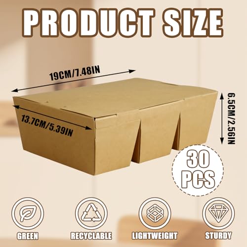 30 Pack 3 Compartment Paper Take Out Food Containers, 7.5x5.4x2.6" Kraft Brown Take Out Boxes, Disposable To Go Container Take Out Containers, Greaseproof Paper Bento Box Takeout Lunch Boxes with Lid - color: Kraft Paper Color-Flip Top