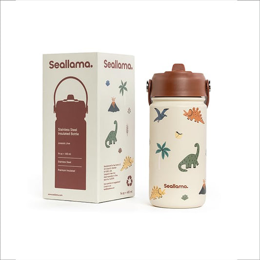 Seallama. Kids Water Bottle - 14 oz Stainless Steel Tumbler with Straw Lid, Vacuum Insulated Double Wall Travel Cup, Leak-Proof Reusable Drink Bottle for School & Everyday Hydration - color: Jurrasic Jive