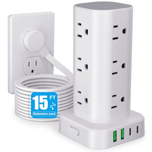 Power Strip Tower with Multiple Outlets, Flat Plug Surge Protector Tower Extension Cord with 12 AC Outlets 4 USB Ports (2 USB C), 15FT Cord Power Tower Surge Protector for Home Office Dorm Room, White - color: White, size: 15FT without Wireless Charging