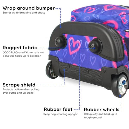 J World Sunrise Kids Rolling Backpack with Wheels for Girls Boys, Roller Bookbag for School, 18 x 13 x 9 Inches, Heart Spray - color: Heart Spray