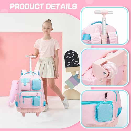 Rolling Backpack for Girls 8-12 Backpack for School Elementary Students with Wheels Lunch Bag Pencil Case Kids Backpacks for Girls Primary School - color: Solid Pink