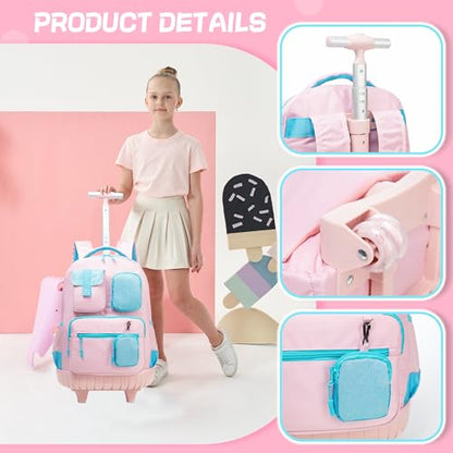Rolling Backpack for Girls 8-12 Backpack for School Elementary Students with Wheels Lunch Bag Pencil Case Kids Backpacks for Girls Primary School - color: Solid Pink