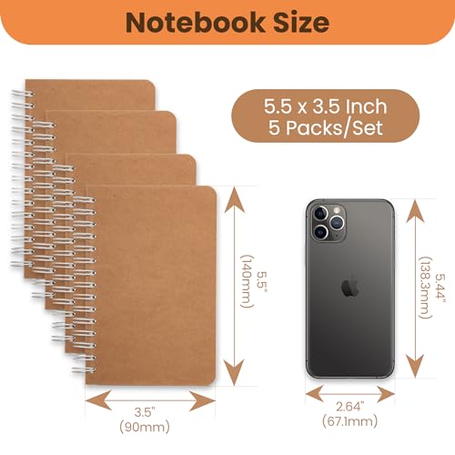 TWONE Spiral Notebook, 5 Pack Aesthetic Notebooks Spiral Journal Notepad Kraft Cover Lay Flat Sketchbook Journals for Writing Drawing Note Taking, 3.5”x5.5”, 180 Blank Pages, 90 Sheets - style: Blank.