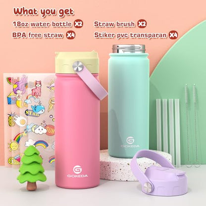GoKEDA 18oz Kids Water Bottle, 2 Pack Insulated Bottles with Stickers, 18/8 Stainless Steel Vacuum Leak Proof Straw Cup for School, Gifts for Boys Girls(YelloPink+PurpleGreen) - color: Yellow Pink+Purple Green