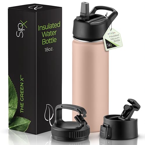SipX™ 18 oz Insulated Water Bottle with 3 Lids – Leakproof Stainless Steel, Triple Insulated – Cold 24 Hours/Hot 12 Hours – Durable Bottle for School, Gym, Travel – Pink - color: Peach, size: 18 Ounces