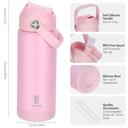 18oz Kids Insulated Water Bottle with Straw Lid & Silicone Handle,Kids Leak Proof Water Bottle for School Boys Girls,Double Wall Vacuum Stainless Steel with Non-slip Silicone Base(LightPink) - color: Light Pink, size: 18 Ounces