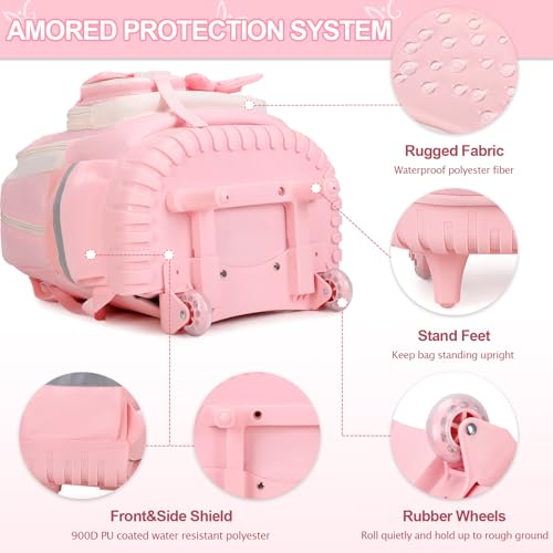 DIGOBAY Rolling Backpack for Girls, Cute Roller School Bag with Wheels, Kids Wheeled Backpacks Set with Lunch Bag Pencil Case for Teen Girls Kindergarten Elementary Middle School - color: Beige-pink