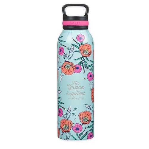Christian Art Gifts Stainless Steel Double Wall Vacuum Insulated Water Bottle for Women: His Grace is Sufficient - 2 Corinthians 12:9 Inspirational Verse w/Carry Handle Lid, Teal Multi Floral, 24 oz. - color: Teal/Floral - Sufficient Grace