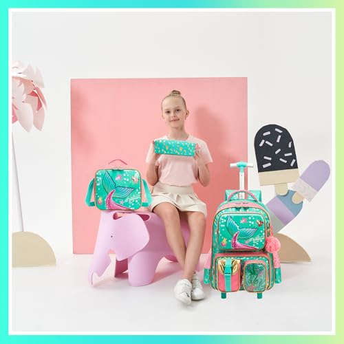 Meetbelify Mermaid Rolling Backpack with Wheels for Girls Rolling Backpacks with Lunch Box for Elementary School Students 16inch Kids Travel Luggage Suitcase for Girls Age 8-10 - color: Girl Pink Mermaid