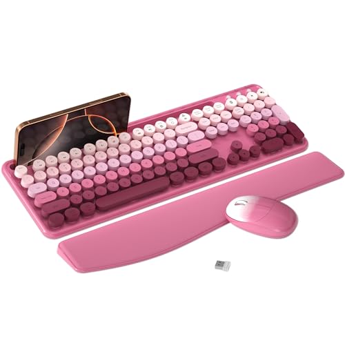 MPTOG Colorful Wireless Computer Keyboard and Mouse Combo with Phone Holder, Wrist Rest, Typewriter Keys, 2.4GHz Wireless, Full-Sized Optical Mouse for PC and Laptop(Rose-Red Colorful) - color: Rose-Red Colorful