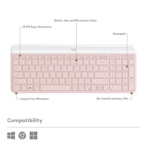 Logitech MK470 Slim Wireless Keyboard and Mouse Combo - Modern Compact Layout, Ultra Quiet, 2.4 GHz USB Receiver, Plug n' Play Connectivity, Compatible with Windows - Rose - color: Rose