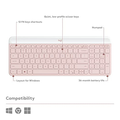 Logitech MK470 Slim Wireless Keyboard and Mouse Combo - Modern Compact Layout, Ultra Quiet, 2.4 GHz USB Receiver, Plug n' Play Connectivity, Compatible with Windows - Rose - color: Rose
