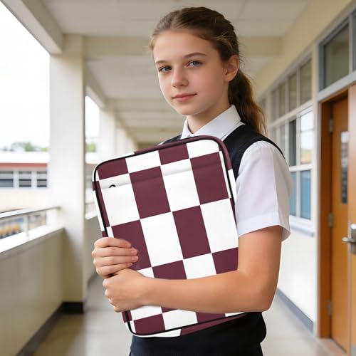 Zippered Portfolio Binder with 3-Ring & 7-Pocket Expanding File, Maroon White Check Pattern High Capacity Lesson Plan Organizer, Water-Repellent Document Case