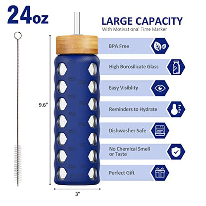 MUKOKO 24oz Glass Water Bottle, Blue | Glass Tumbler with Straw, Drinking Bottles with 2 Lids-Handle Spout Lid & Bamboo Straw Lid, Silicone Sleeve, 1 Pack - color: Bule, size: 24 Ounces