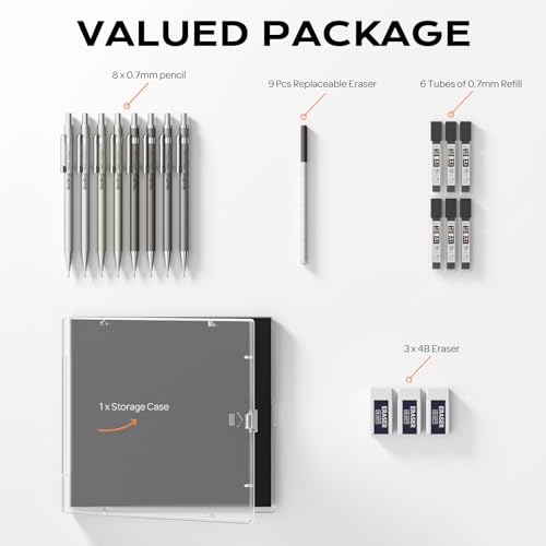Nicpro 8 Pack Mechanical Pencil 0.7mm, MB1000 Metal Mechanical Pencil Set | 6 Tube HB #2 Lead Refill 0.7 mm, 3PCS 4B Eraser, 9 Cap Eraser with Case for Artist Drafting Writing, Sketching, Drawing - style: 8 Pack （0.7mm）