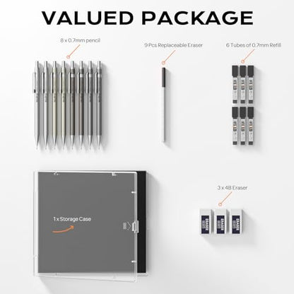 Nicpro 8 Pack Mechanical Pencil 0.7mm, MB1000 Metal Mechanical Pencil Set | 6 Tube HB #2 Lead Refill 0.7 mm, 3PCS 4B Eraser, 9 Cap Eraser with Case for Artist Drafting Writing, Sketching, Drawing - style: 8 Pack （0.7mm）