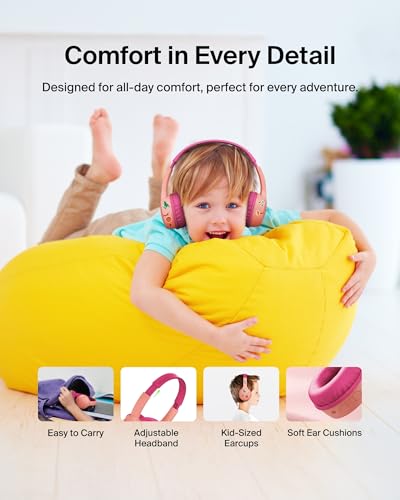 Belkin SoundForm Mini w/Case - Wireless Bluetooth Kids Headphones with 30H Battery Life, 85dB Safe Volume Limit, Built-in Microphone - Kids On-Ear Earphones for iPhone, iPad, & More - Pink - color: Pink, style: Wireless (USB-C) + Case