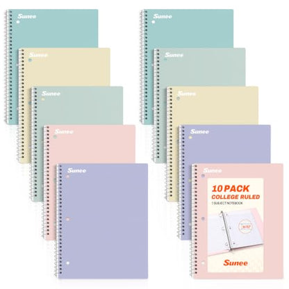 SUNEE Spiral Notebooks, 1-Subject, 10 Pack, College Ruled Paper, 8" x 10-1/2", 70 Sheets per Notebook,3-Hole Punched Paper, Pink,Purple, Blue, Green, Yellow Spiral Lined Notebooks for School,Work - style: Pastel | 10 Pack