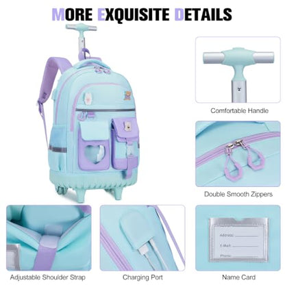ACESAK Rolling Backpack for Girls - Roller Wheels School Bookbag with Lunch Bag & Pencil Pouch for Teen Girls Kids Wheeled Suitcase Backpacks, Elementary Middle School Travel Daypack (Blue Purple) - color: Blue-purple
