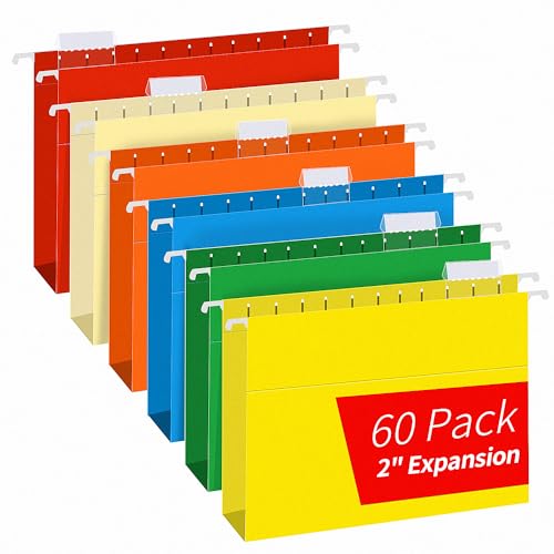 Extra Capacity Hanging File Folders, RAZCC 60 Pack Letter Size Reinforced Hanging Folders with Heavy Duty 2 Inch Expansion for Bulky Files, Filing Cabinet, Adjustable Tabs, Assorted Colors - size: 2 inch expansion