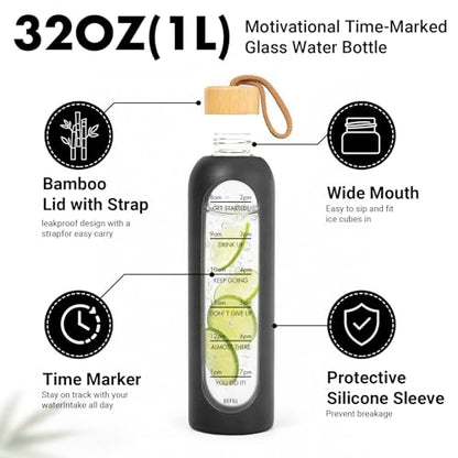 32 OZ Glass Water Bottles, Borosilicate Glass Bottle with Time Marker, 1 Liter Leak Proof Reusable BPA Free Motivational Water Bottles with Silicone Sleeve and Bamboo Lid (Black) - color: Black