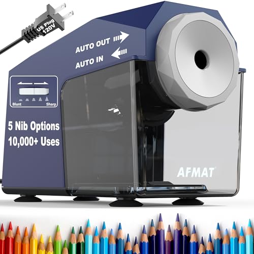 AFMAT Electric Pencil Sharpener, Fast & Hands-Free, 10K+ Uses, 5 Nibs, Fully Automatic Pencil Sharpener for Classroom, Heavy Duty Sharpeners for No.2/Jumbo/Colored Pencils (6.5-10.5mm) US Plug(120V) - color: Dark Blue