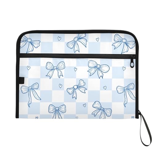 13 Pockets Expanding File Folder Blue Bow Checkboard Accordion File Organizer A4 Letter Size Paper Document Storage Zipper Expandable Folders with Labels