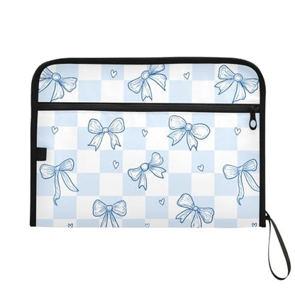 13 Pockets Expanding File Folder Blue Bow Checkboard Accordion File Organizer A4 Letter Size Paper Document Storage Zipper Expandable Folders with Labels