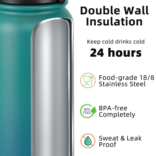 Fanhaw 20 Oz Kids Insulated Stainless Steel Water Bottle with Straw Lid, Leakproof & Anti-Dust Everyday Use Bottle for School, Women & Men, Back to School Essentials (Green Blue) - color: Green Blue, style: 20 Ounces