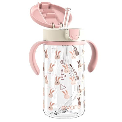 Evorie Tritan Spill Proof Toddler Straw Sippy Cup, 10 oz for Baby and Toddlers 1-3 Years Old, No Spill Straw Water Bottle with Removable Handles, Ideal for School, BPA-Free, Pink Rabbit - color: Pink Rabbit