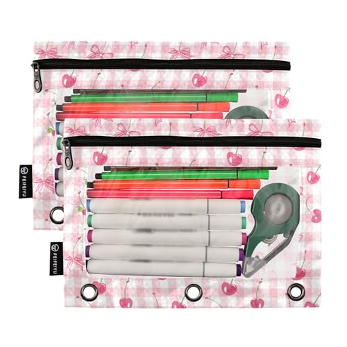 Binder Pencil Pouches Bow and Cherry Pen Case | Clear Window 3 Rings, Cosmetic Bags School Office Supplies Cosmetic Makeup Bag 2 Psc - color: Multi-cherry Plaids