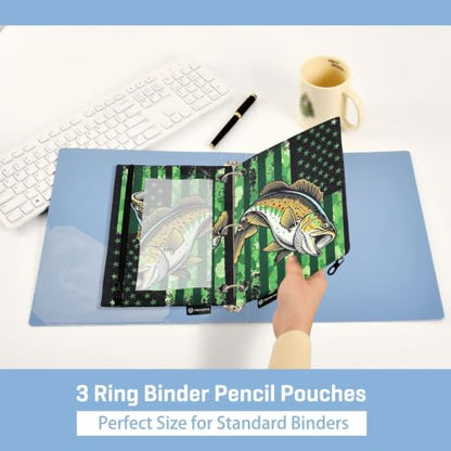 Gredecor 3 Ring Binder Pencil Pouch, American Flag Fishing Zippered Pen Case Pouches with Clear Window, 2 Pack Stylish Office & School Supplie - color: American Flag Fishing