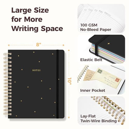 Hardcover Spiral Notebook Journal for Women & Men, Cute 5 Subject Notebook College Ruled for School & Work, Black Journaling Notebooks with Removable Dividers Tabs, 8" x 10", 300 Pages, Night Stars - color: Night Stars
