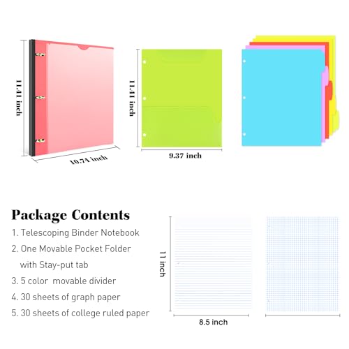 INFUN All-in-one Telescoping Binder Notebook，3 Ring Notebook Binder with 1 Plastic Movable Pocket Folder,5 Plastic Subject dividers and Graph Paper and College Ruled Paper - Red - color: Red, size: 1 PCS