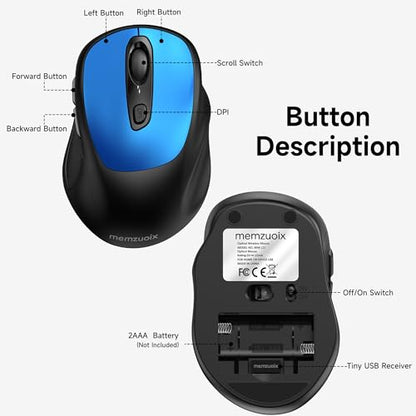 memzuoix Wireless Mouse, 2.4GHz Nano Receiver, 3 DPI Levels (800/1200/1600), 6 Buttons, Compatible with PC/Mac/Laptop (Blue) - color: Blue