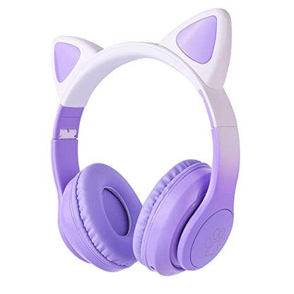 Cat Ear Kids Headphones Bluetooth, LED Light up Wireless/Wired Mode Over Ear Headphones with Build in Microphone for School/Travel (Purple) - color: Purple